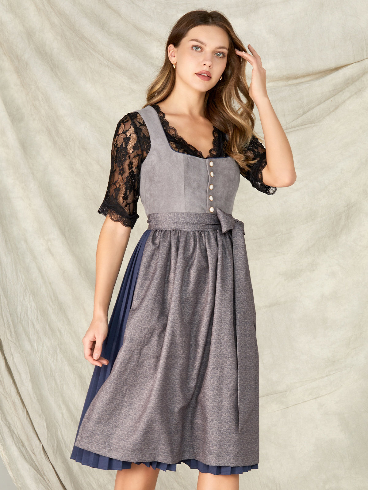 Grau Knöpfen Gerader Ausschnitt Dirndl Lottea